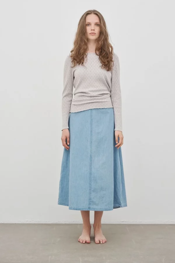 CARE BY ME Joy A-Skirt Light Blue Denim frontal CARE BY ME Joy A-Skirt Light Blue Denim frontal