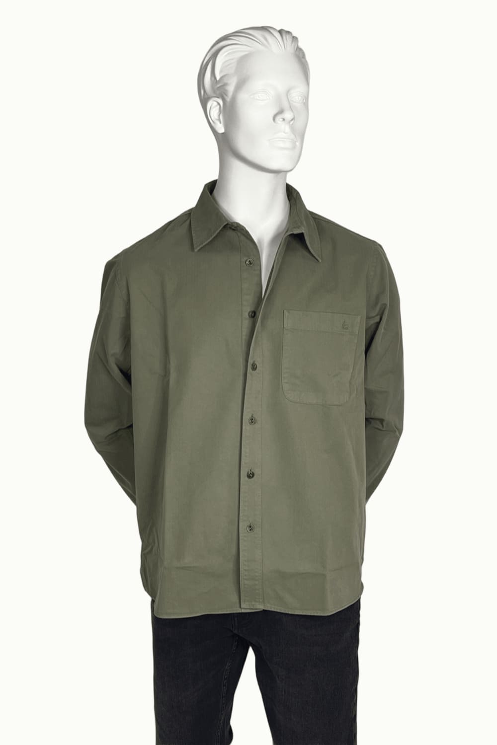 Merz b. Schwanen Herringbone Long Sleeve Shirt army frontal
