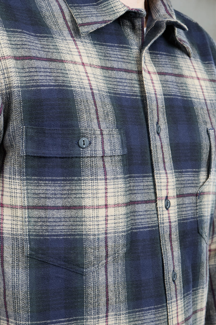 Pike Brothers 1937 Roamer Shirt Blue Beige Check Flannel Brust Detail
