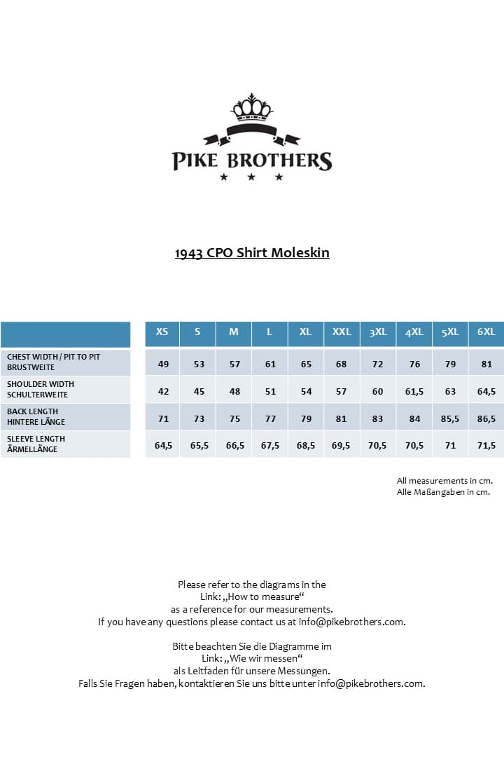 Pike Brothers 1943 CPO Shirt Moleskin Maße